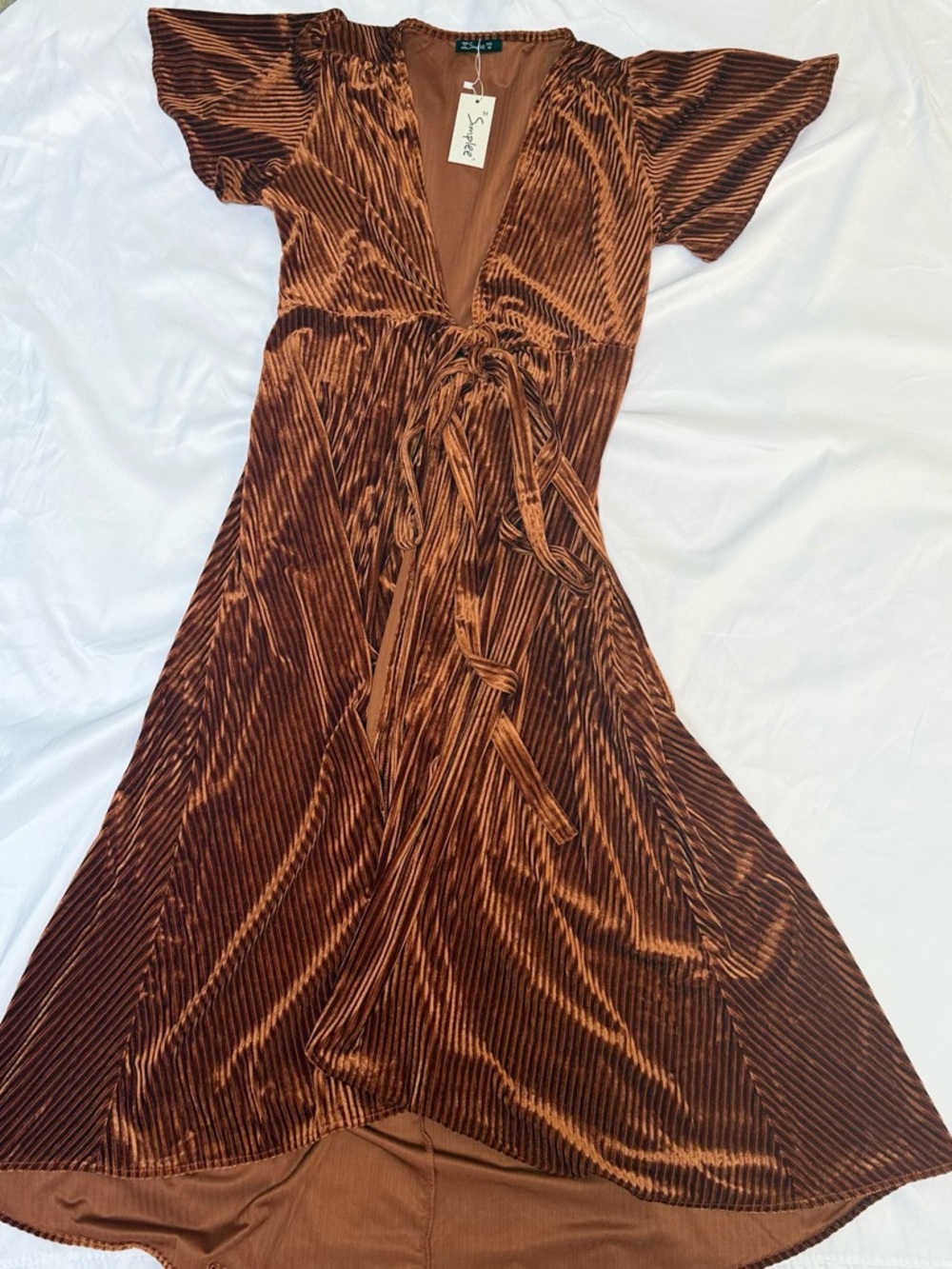 Simple Copper Brown Velvet High-Low Wrap Dress
